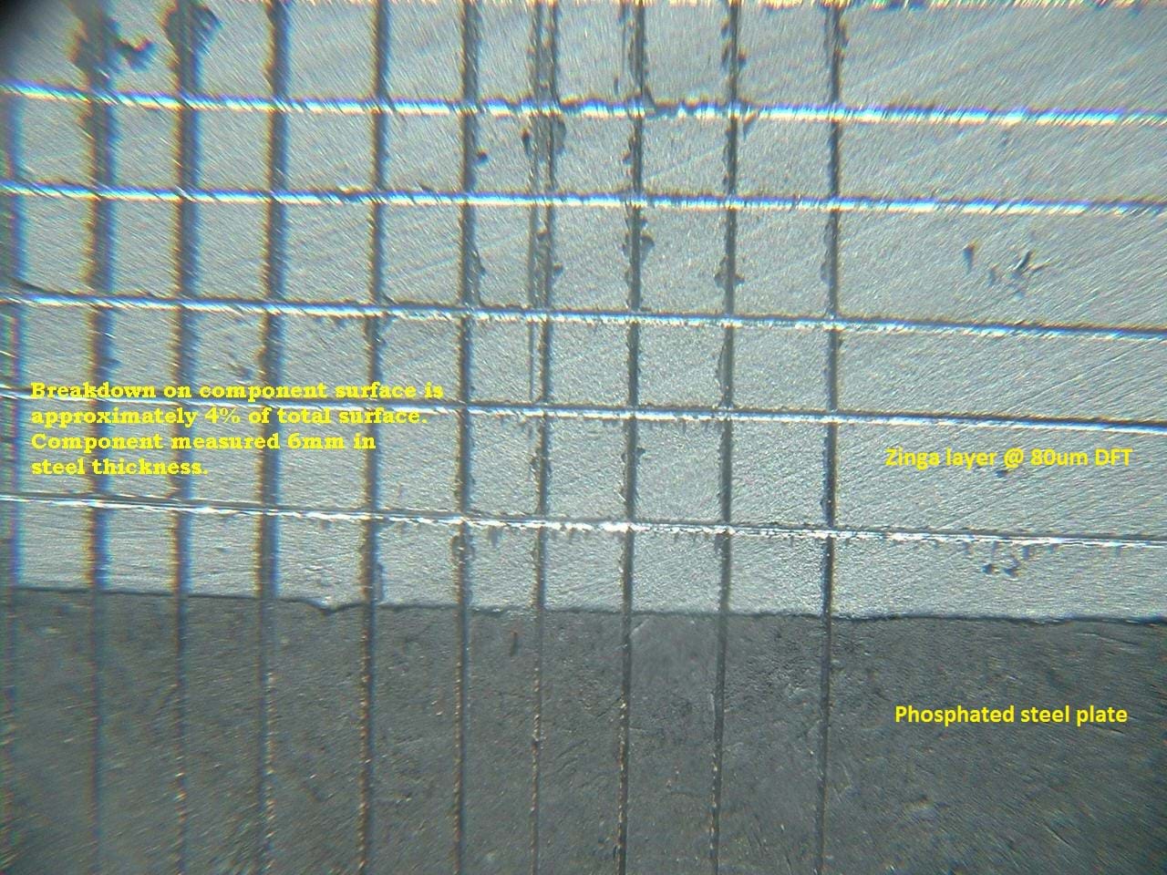 The image shows a phosphated steel plate that has been test with and without zinga
